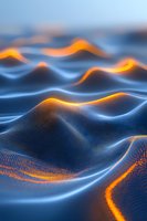 Abstract digital waves with glowing orange light effects on deep blue surface creating dynamic flowing landscape pattern with particle mesh texture.