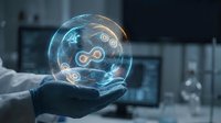 Scientist in gloves holding holographic sphere with glowing DNA chains and molecular structures in modern laboratory for biotechnology research.