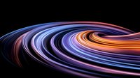 Vibrant swirling light trails in blue, purple, and orange create dynamic curved lines against black background, suggesting motion, energy and cosmic movement.