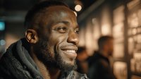 Young African American man with beard smiling warmly in modern office or coworking space with soft lighting and contemporary interior design.