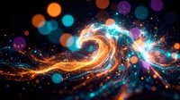Glowing swirling energy waves with orange and cyan light trails on dark background, suitable for technology, science, and digital design projects.