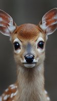 Close-up portrait of young fawn with large expressive eyes and spotted coat against blurred dark background, capturing innocent and gentle expression of wildlife.