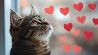 Curious tabby cat looking up with red heart bokeh background, romantic Valentine's day pet portrait in soft natural lighting and warm tones.
