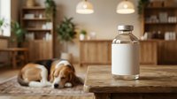 Fresh milk in glass bottle on wooden table with sleeping dog in cozy kitchen interior. Organic dairy product for healthy breakfast and cooking needs.