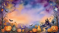 Halloween watercolor border with glowing pumpkins, bats, ghosts, haunted castle, and starry night sky in purple and orange tones.
