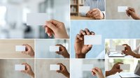 Diverse hands holding blank business cards in various office and professional settings, showcasing corporate identity and networking concepts for branding and marketing purposes.