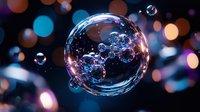 Luminous soap bubble with iridescent reflections floating in dark space surrounded by colorful bokeh lights creating magical atmospheric effect.