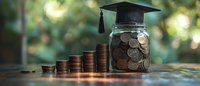 Stacks of coins leading to glass jar with graduation cap on top against blurred green background, representing education savings and financial planning for college.