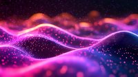 Abstract digital waves with glowing pink and purple particles flowing in dark space, creating dynamic motion effect for technology and science backgrounds.