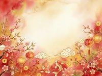 Lunar new year celebration with red lanterns, blossoming branches, and golden coins on warm watercolor background, suitable for holiday greeting cards and festive designs.