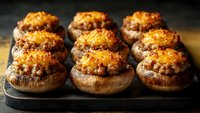 Stuffed mushrooms with golden breadcrumb topping arranged on dark slate board, appetizer ready for serving at dinner party or holiday gathering.