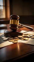 Wooden gavel with golden coins on legal documents in warm courtroom setting representing justice, law, financial litigation and legal proceedings.