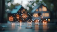 Glowing house icons connected by geometric lines float above reflective surface in twilight setting, creating magical real estate concept visualization with bokeh background.