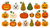 Carved jack-o-lantern pumpkins and gourds with various spooky and friendly faces isolated on white background, ready for Halloween designs, decorations, and seasonal projects.
