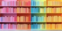 Colorful rainbow gradient bookshelf with books arranged by color from pink to yellow and blue creating an ombre effect, modern library interior design element.