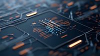Macro view of modern processor with glowing orange circuit paths on dark background. Technology concept showing computing power and digital innovation.
