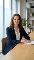 Professional businesswoman in navy suit sitting at wooden conference table in modern office with natural light from large windows.
