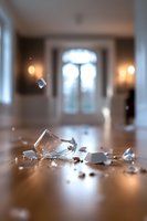 Broken glass shards scattered on wooden floor in elegant room with window and wall sconces creating atmospheric lighting and dramatic mood for conceptual designs.