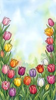 Watercolor tulip garden frame with colorful blooms in pink, yellow, purple, red, and white on a soft sky background with copy space.