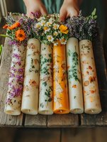 Decorative beeswax candles with pressed wildflowers and herbs arranged in row on rustic wooden surface, topped with fresh orange cosmos, daisies and lavender blooms.