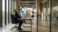 Professional businessman working on computer in modern glass office with natural lighting and contemporary workspace design for corporate business concepts.
