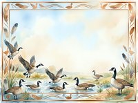 Watercolor geese and ducks swimming in pond with cattails and reeds border frame, isolated on white background for design, invitations, and decorative projects.