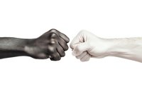 Black and white fists facing each other against white background, representing racial tension, unity, conflict or solidarity in modern society.