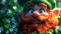 Cheerful leprechaun character with bright red beard, green hat and magical glowing forest background surrounded by clover leaves and sparkles. Fantasy folklore art.