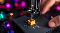 Microscope lens focusing on golden cube specimen with colorful bokeh background. Scientific research laboratory equipment examining metallic sample on dark surface.