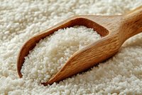 Raw white rice grains in wooden scoop against rice background, macro food photography showing texture and detail of uncooked rice kernels.