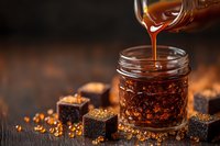 Pouring golden caramel sauce into glass jar with caramel cubes and sugar crystals on dark wooden background, food photography.