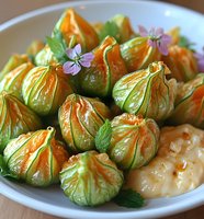 Fresh zucchini flowers stuffed and garnished with purple edible blossoms and mint leaves on white plate, close up view of gourmet appetizer preparation.