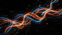 Abstract flowing energy waves with orange and blue light trails creating dynamic motion patterns against dark background with sparkling particles and glowing effects.