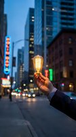 Hand holding glowing vintage Edison bulb on blurred city street at dusk with neon signs and skyscrapers in background representing innovation and bright ideas.
