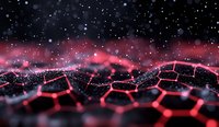 Glowing red hexagonal grid structure with particles and bokeh effects against dark background creates futuristic technological landscape for science concepts.