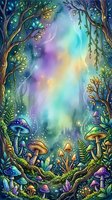 Enchanted forest scene with glowing trees, luminescent mushrooms, and magical aurora lights creating a mystical woodland atmosphere with vibrant watercolor effects.