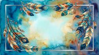 Watercolor feather frame with bohemian tribal elements on textured blue and gold background. Native American inspired border design for invitations and cards.