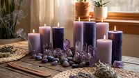 Purple candles with amethyst crystals create peaceful meditation space for spiritual healing and relaxation rituals on wooden table near window.