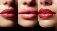 Close up of plump glossy lips in different shades of red and pink lipstick showing beauty makeup application and cosmetic product results on pale skin.