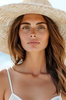 Young woman with freckles wearing straw sun hat and white top, natural makeup, long brown hair flowing in summer breeze against bright background.