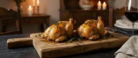 Two golden roasted Cornish hens on a rustic wooden board, garnished with fresh herbs, beside a glass of red wine in warm candlelight.