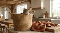 Tabby kitten sitting in woven basket on wooden table with rustic home interior, cozy domestic scene for lifestyle and pet content.