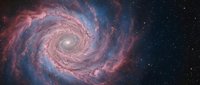 Spiral galaxy with pink and blue nebula clouds swirling in deep space, surrounded by distant stars and cosmic dust formations.