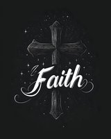 Wooden cross with faith typography on black background with stars and light rays. Religious art design for church materials and spiritual inspiration.
