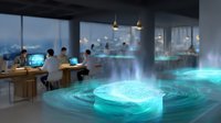 Futuristic holographic projection in modern office space with people working at computers. Glowing cyan digital visualization creates sci-fi atmosphere in corporate environment.