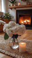 White hydrangea flowers in glass vase with glowing candle on woven placemat, cozy fireplace setting creates warm atmospheric mood for home decor.