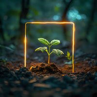 Young green plant seedling growing in soil surrounded by glowing neon square frame against dark forest background, concept of growth and protection.