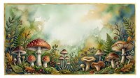 Watercolor forest mushrooms and ferns frame with copy space, featuring red-capped toadstools and wild plants on a soft green background.