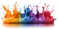 Colorful liquid paint splashes in rainbow sequence creating dynamic motion effect with reflection on white surface, suitable for creative design projects.