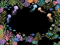 Underwater ocean scene with jellyfish, coral, seaweed, and tropical fish arranged as a decorative border frame on transparent background. Ready for t-shirt designs, clipart, stickers, and print-on-demand products.